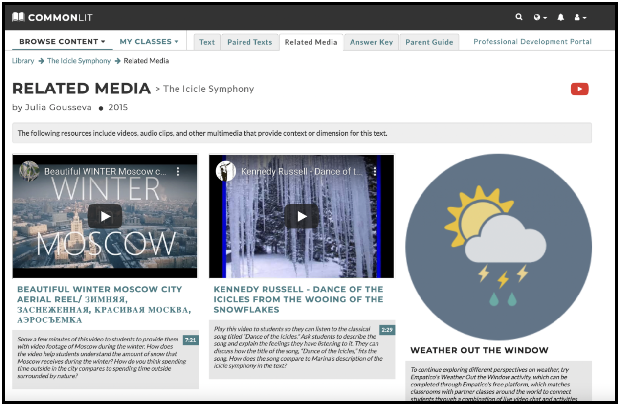 The Related Media tab for the CommonLit lesson "The Icicle Symphony."