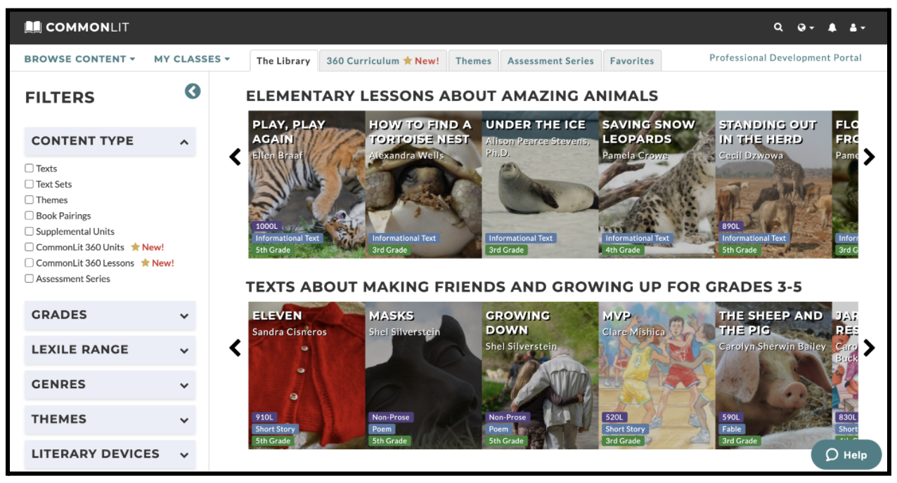 Elementary text carousels in the CommonLit library for "Amazing Animals" and "Making Friends and Growing Up."