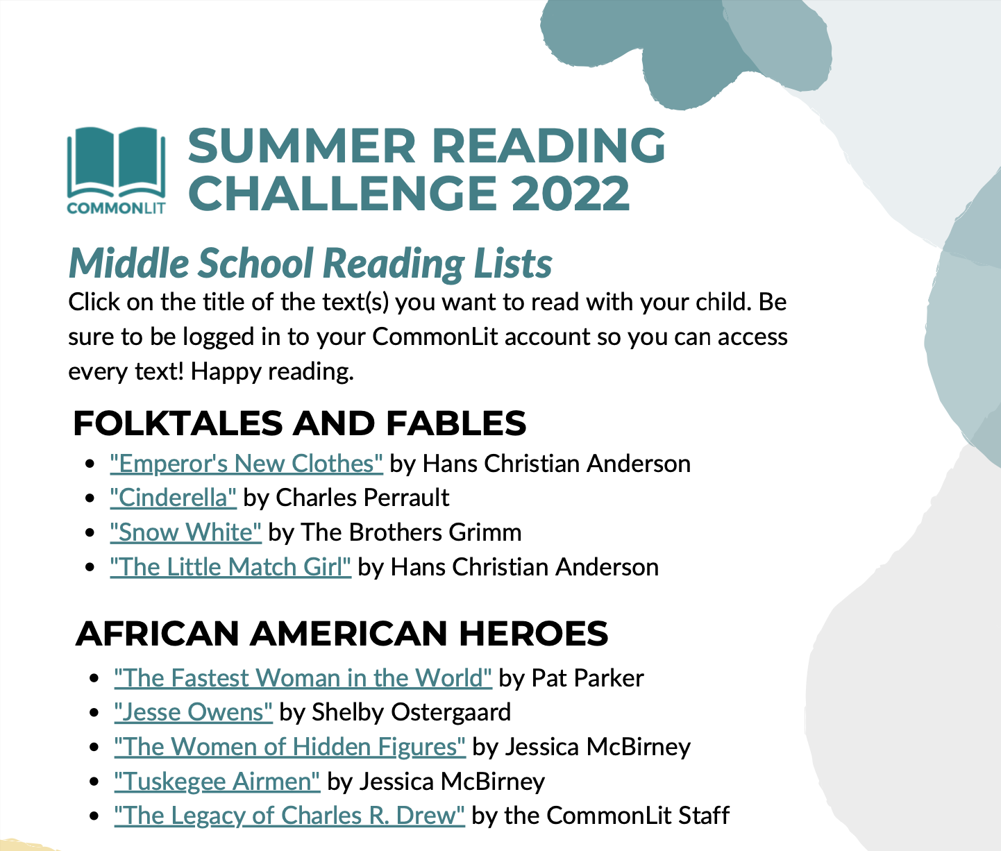List of Middle School texts for the Summer Reading Challenge
