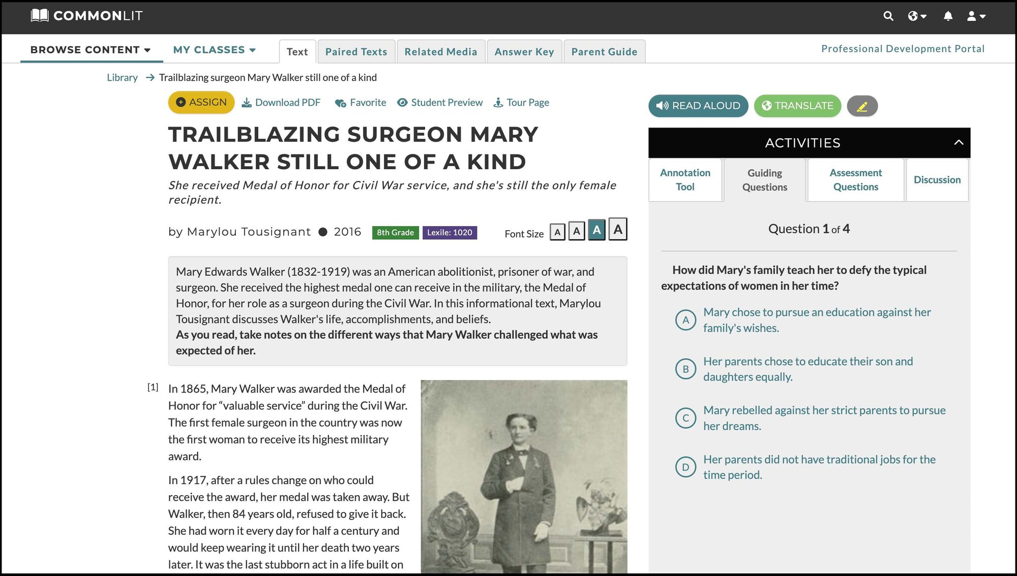 The CommonLit lesson "Trailblazing Surgeon Mary Walker Still One of a Kind."