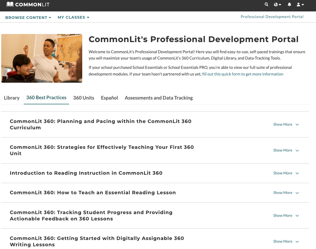 A screen shot of CommonLit's Professional Development Portal.