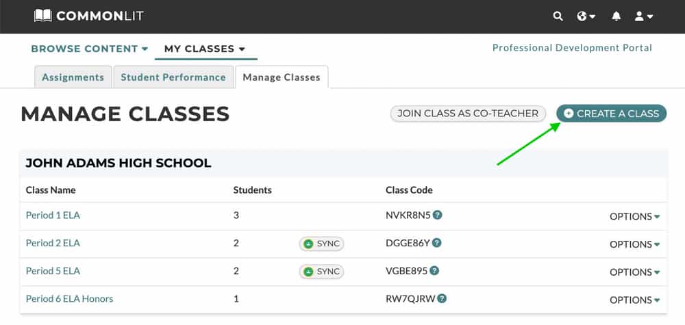 CommonLit "Manage Classes" tab with arrow pointing to "Create a New Class."