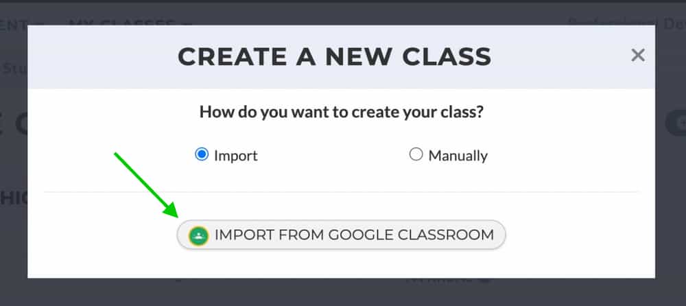Create a New Class tab with arrow pointing to "Import Classes from Google Classroom."