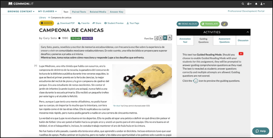 A screenshot of CommonLit Espanol's "Campeona de Canicas"