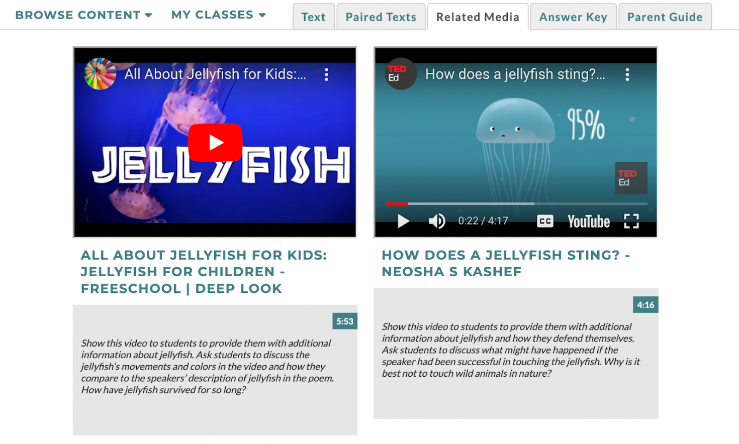 A screenshot of the Related Media for the CommonLit text "A Jelly-Fish"