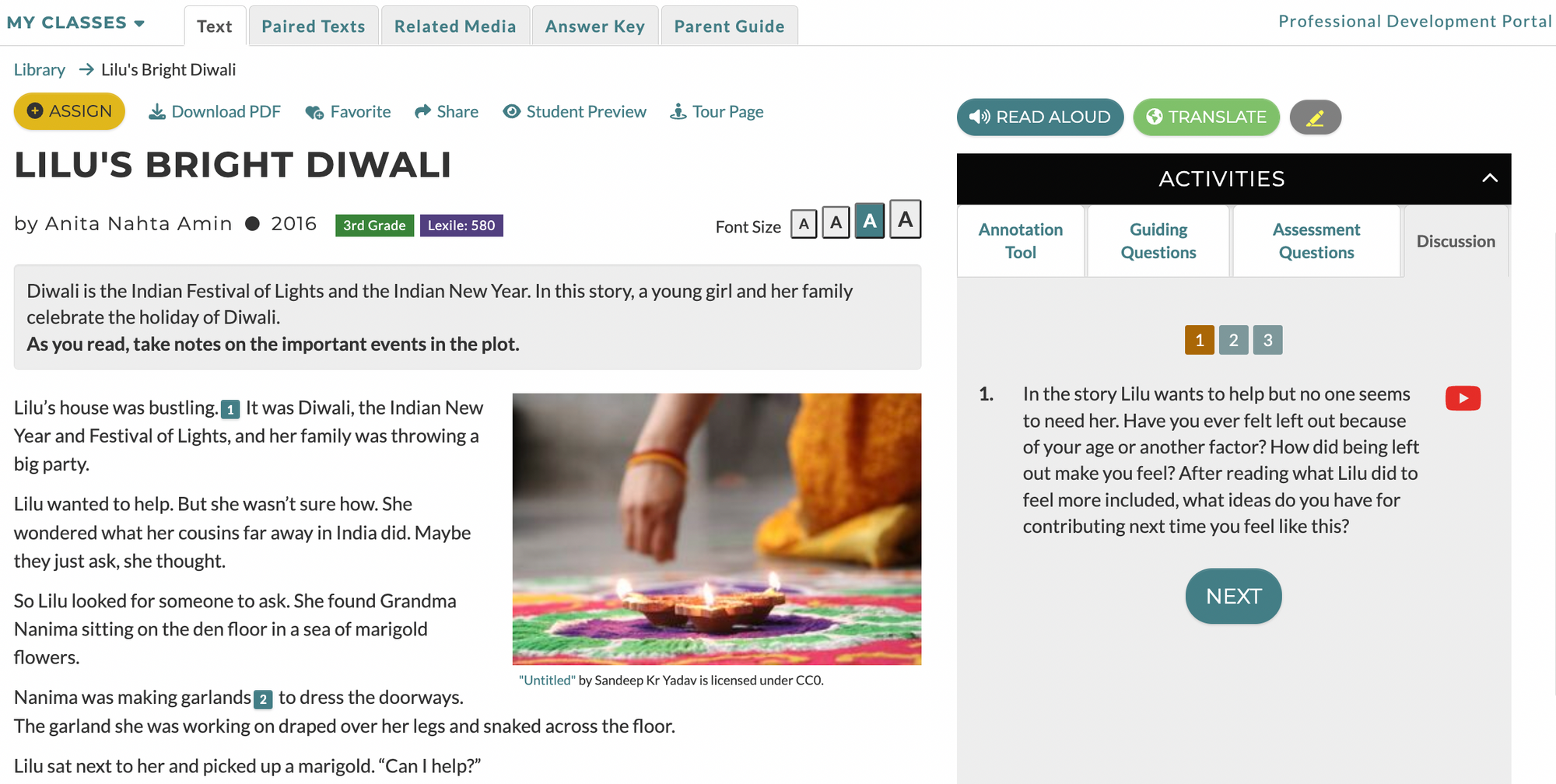Screenshot of Discussion Question 1 for CommonLit text "Lilu's Bright Diwali"