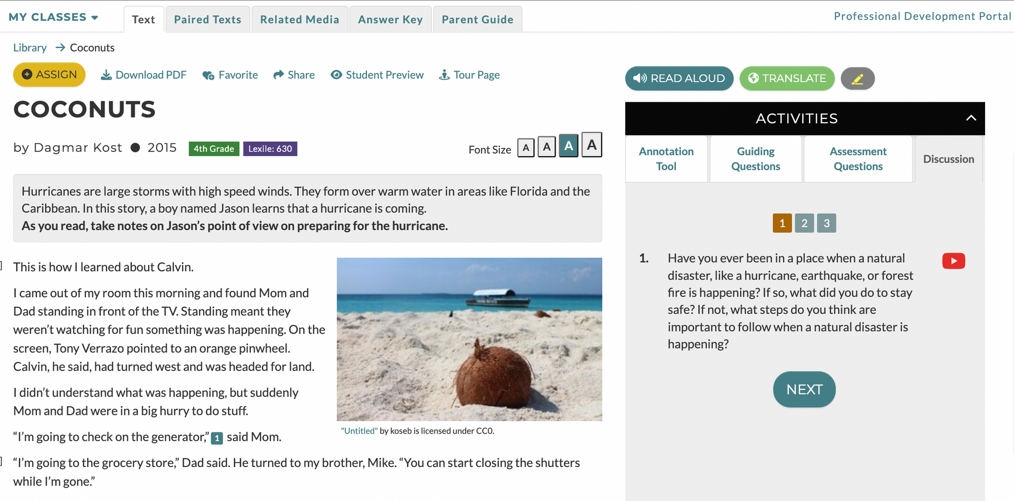 Screenshot of Discussion Question 1 for CommonLit text "Coconuts"