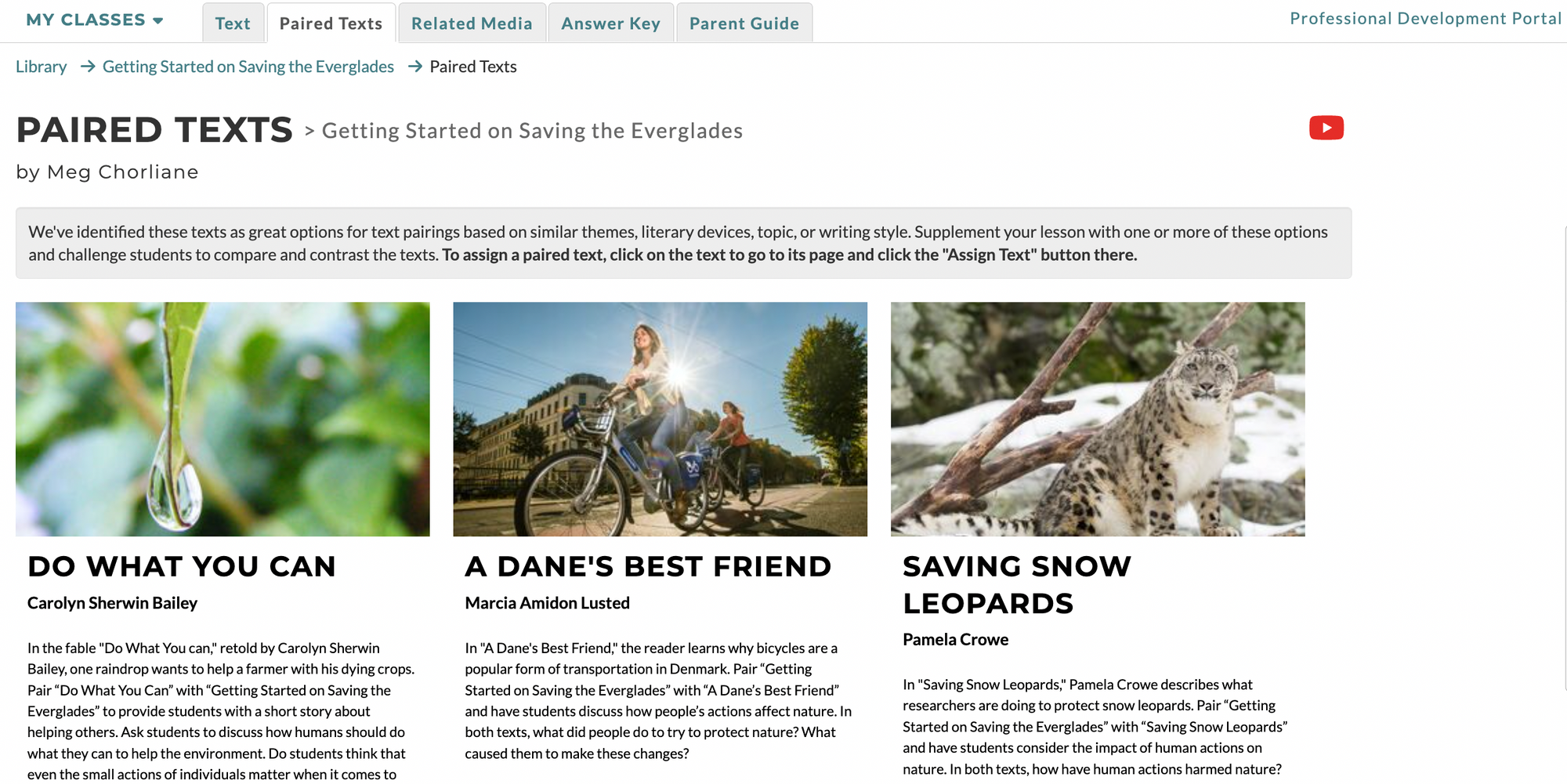 Screenshot of Paired Texts for CommonLit text "Getting Started on Saving the Everglades"