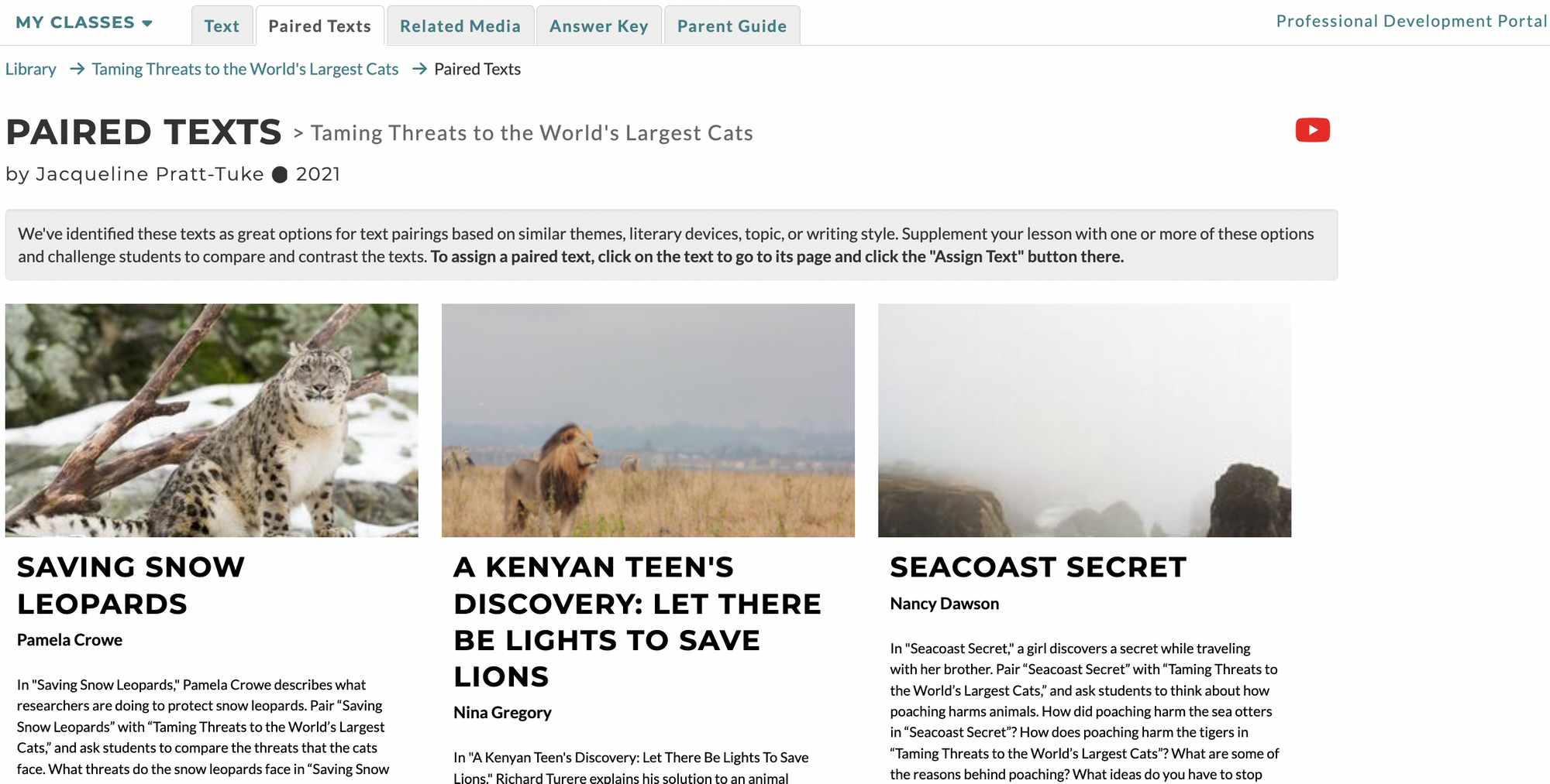 Screenshot of Paired Texts for CommonLit text "Taming Threats to the World's Largest Cats"