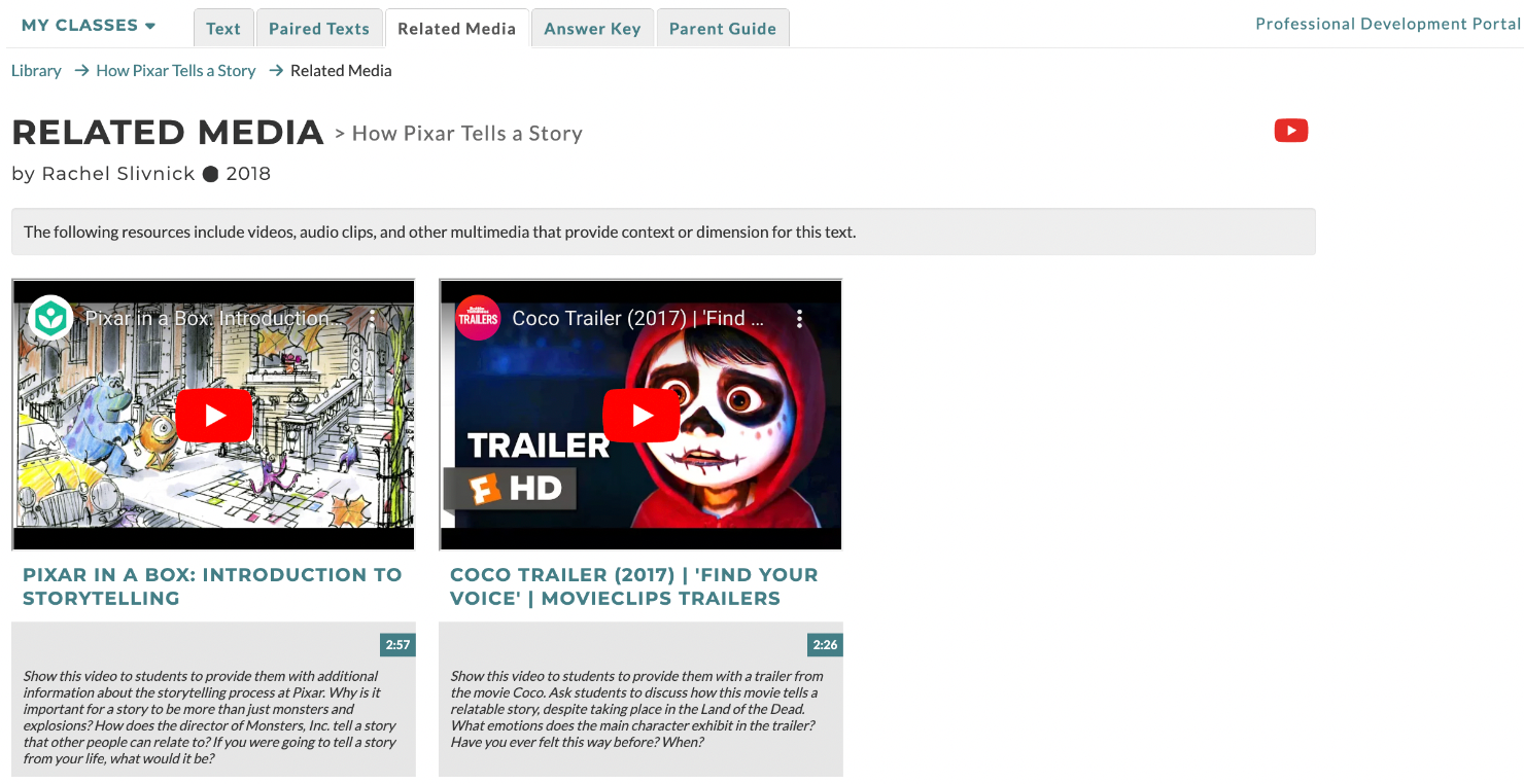 Screenshot of Related Media for CommonLit text "How Pixar Tells a Story"