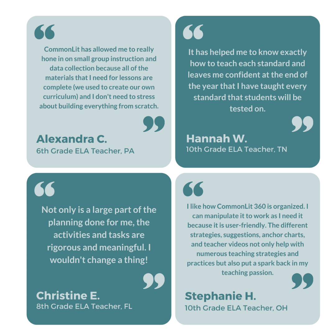 Four quote boxes from ELA teachers explaining how CommonLit helped them in their classrooms.