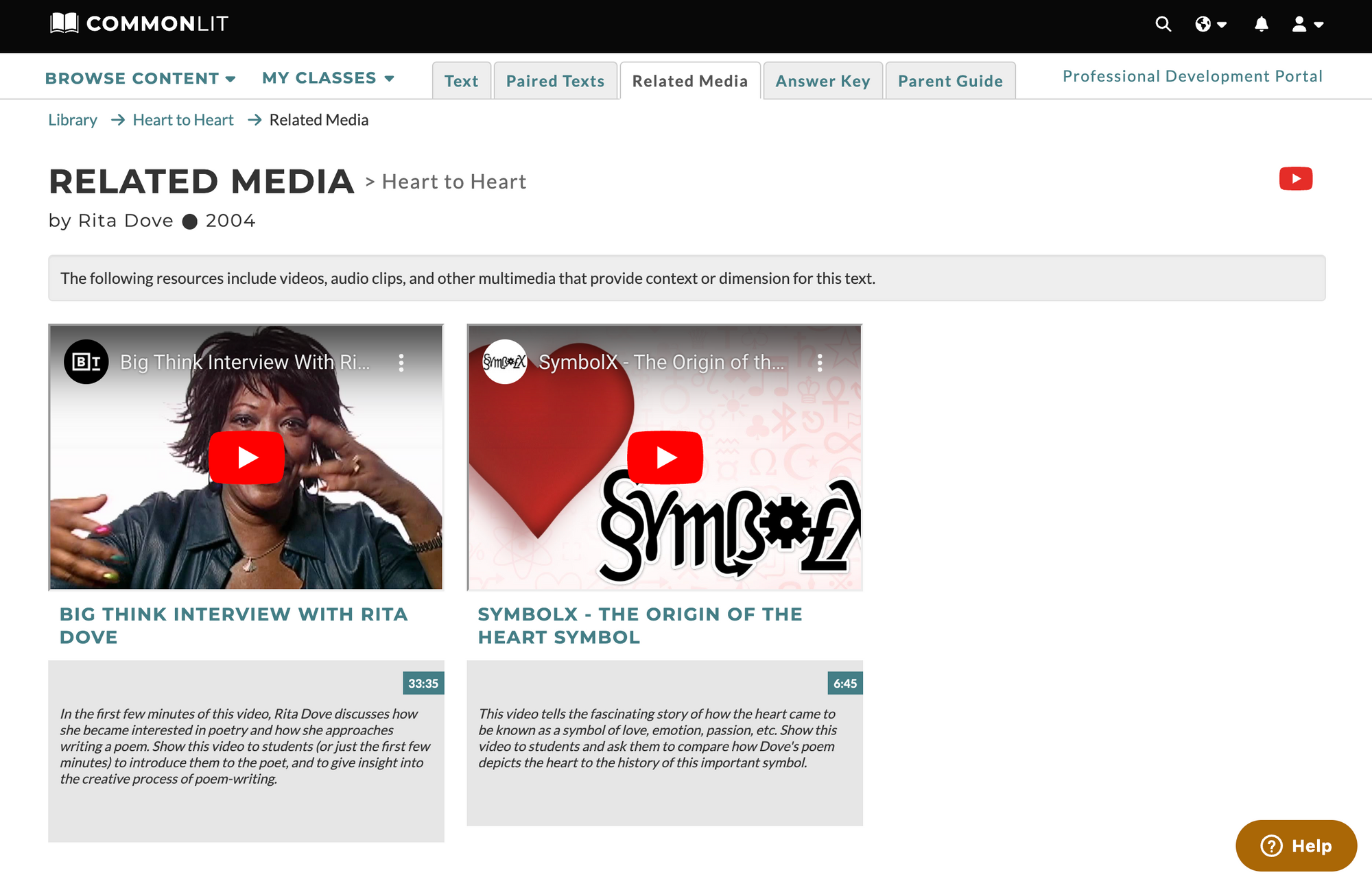 Related Media tab with multimedia lessons on "Heart to Heart" text on CommonLit