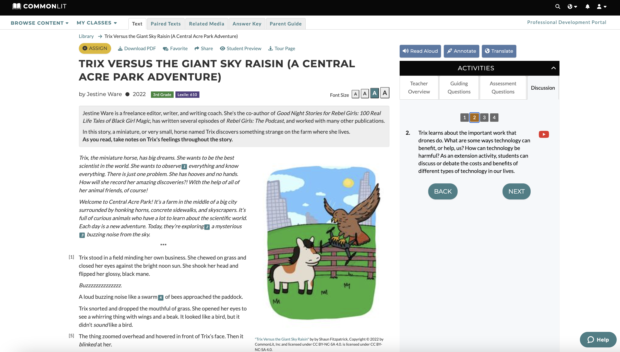 Screenshot of "Trix Versus the Giant Sky Raisin" text with Discussion Question 2 selected on CommonLit.