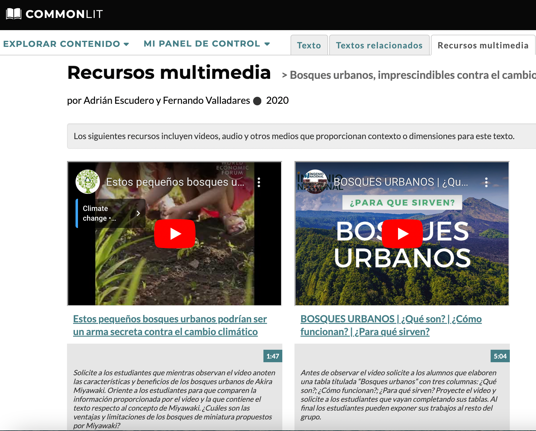Página de los recursos multimedia del texto "Bosques urbanos, imprescindibles contra el cambio climático"