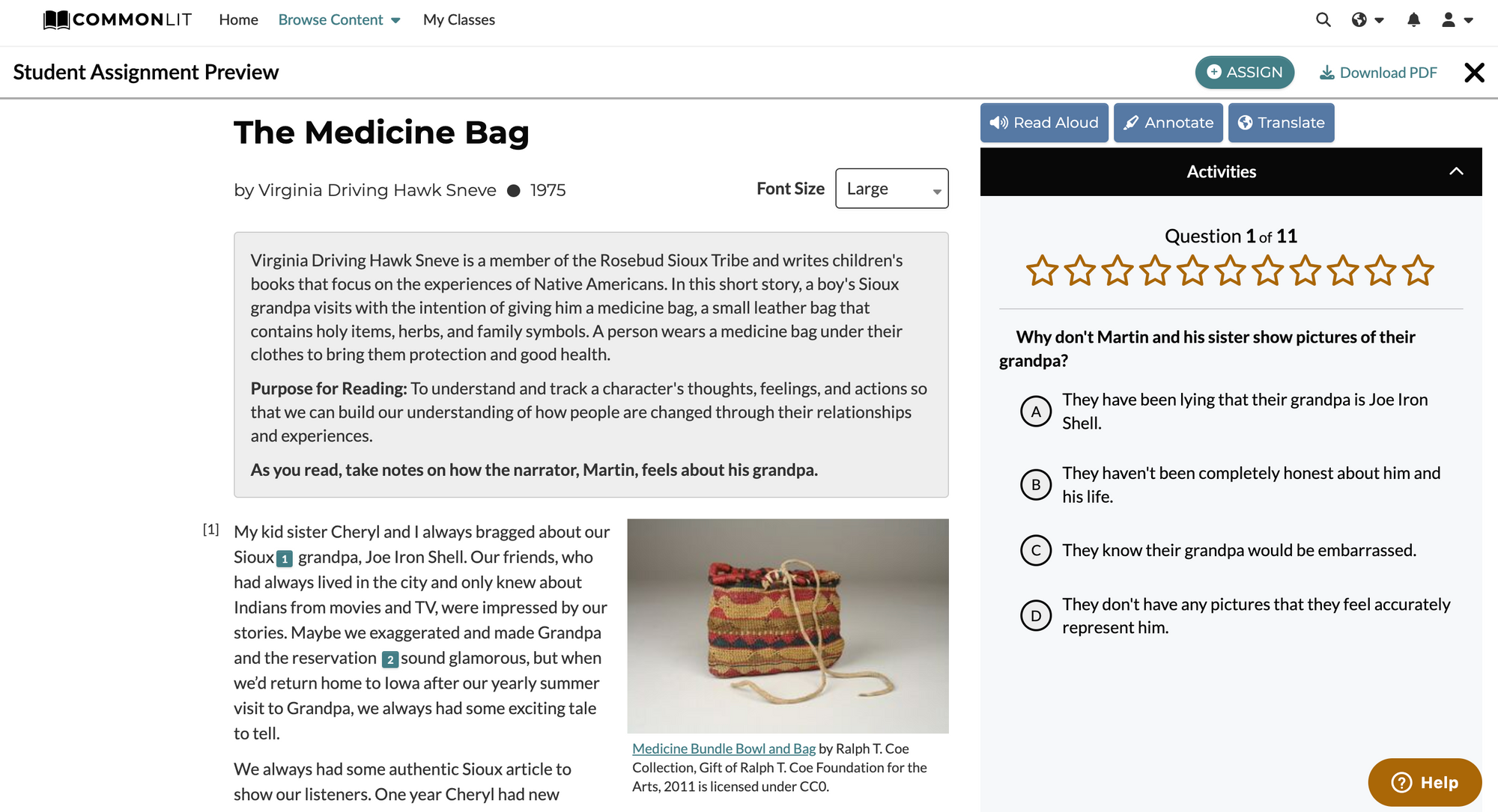 "The Medicine Bag" by Virginia Driving Hawk Sneve Lesson on CommonLit
