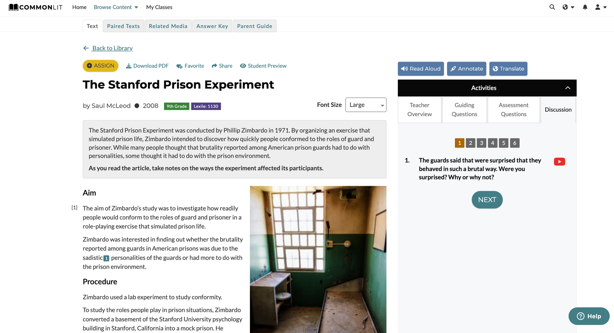Screenshot of CommonLit's digital reading lesson "The Stanford Prison Experiment"