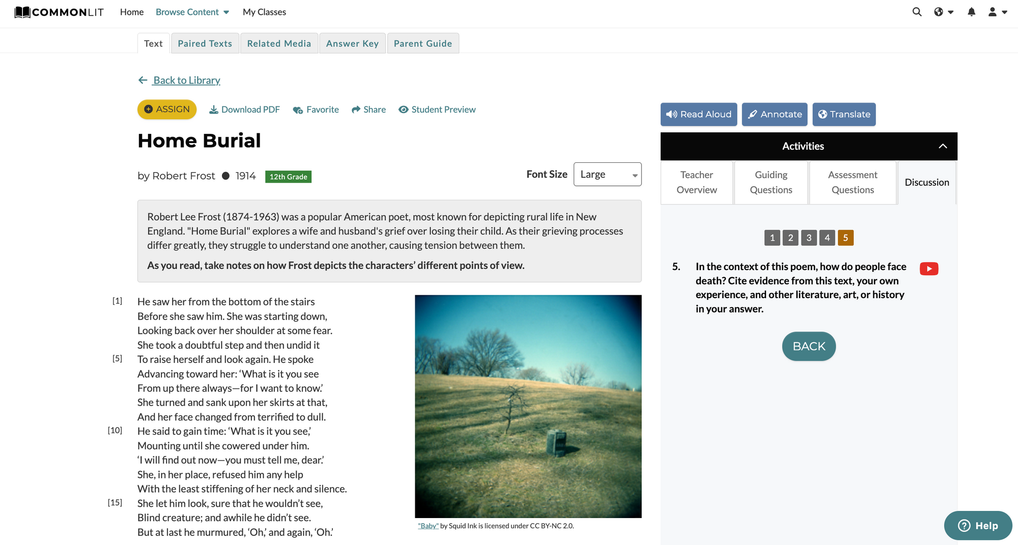 Screenshot of CommonLit digital reading lesson "Home Burial"