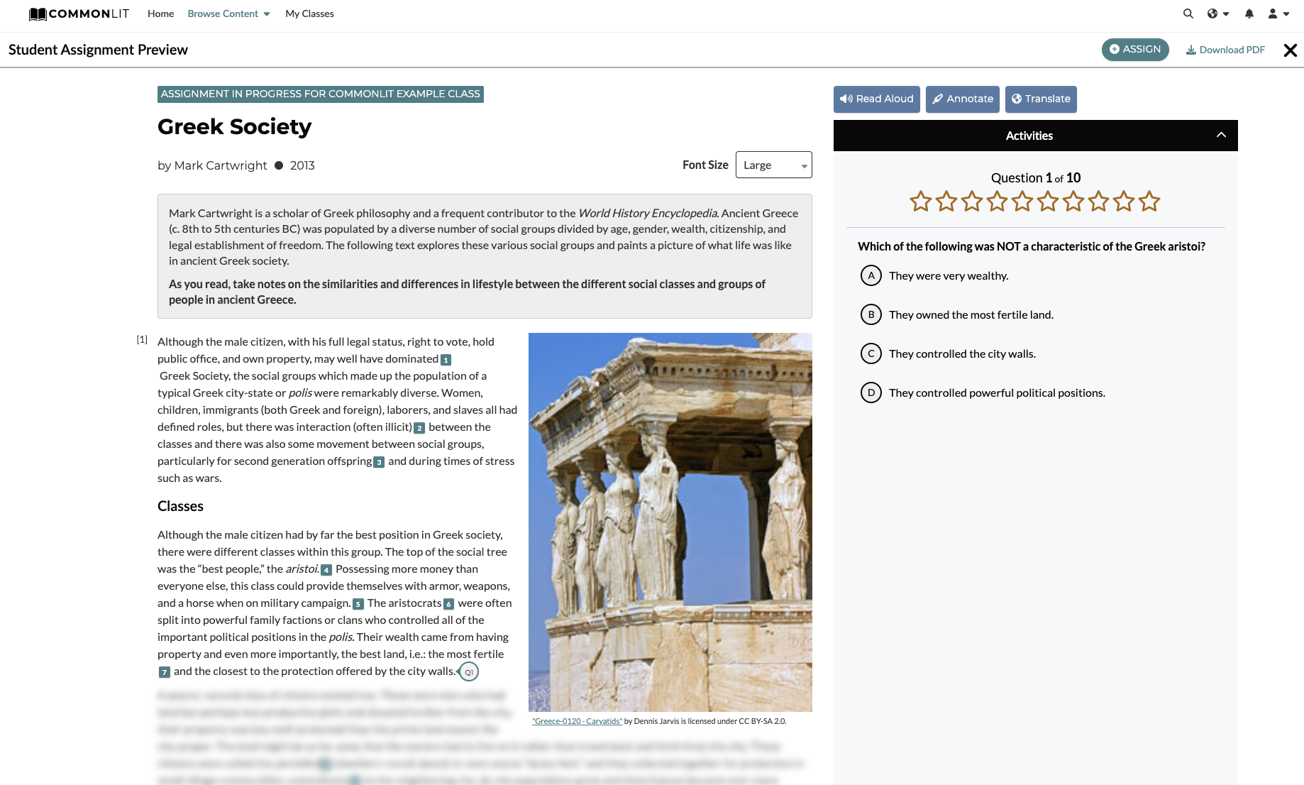 Screenshot of the informational text from CommonLit called the "Greek Society." There is a scaffolded reading question on the right side of the text, which will help boost students' reading comprehension and engagement.