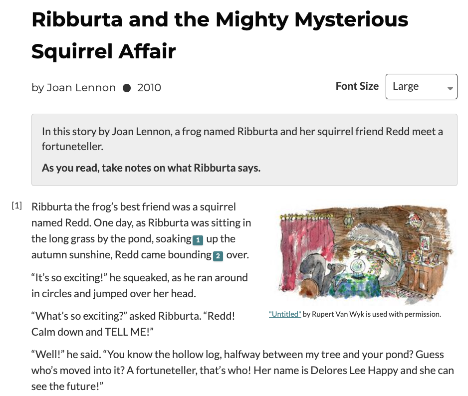 screenshot of a CommonLit text called "Ribburta and the Mighty Mysterious Squirrel Affair." This is a mystery story that helps strengthen students' reading comprehension