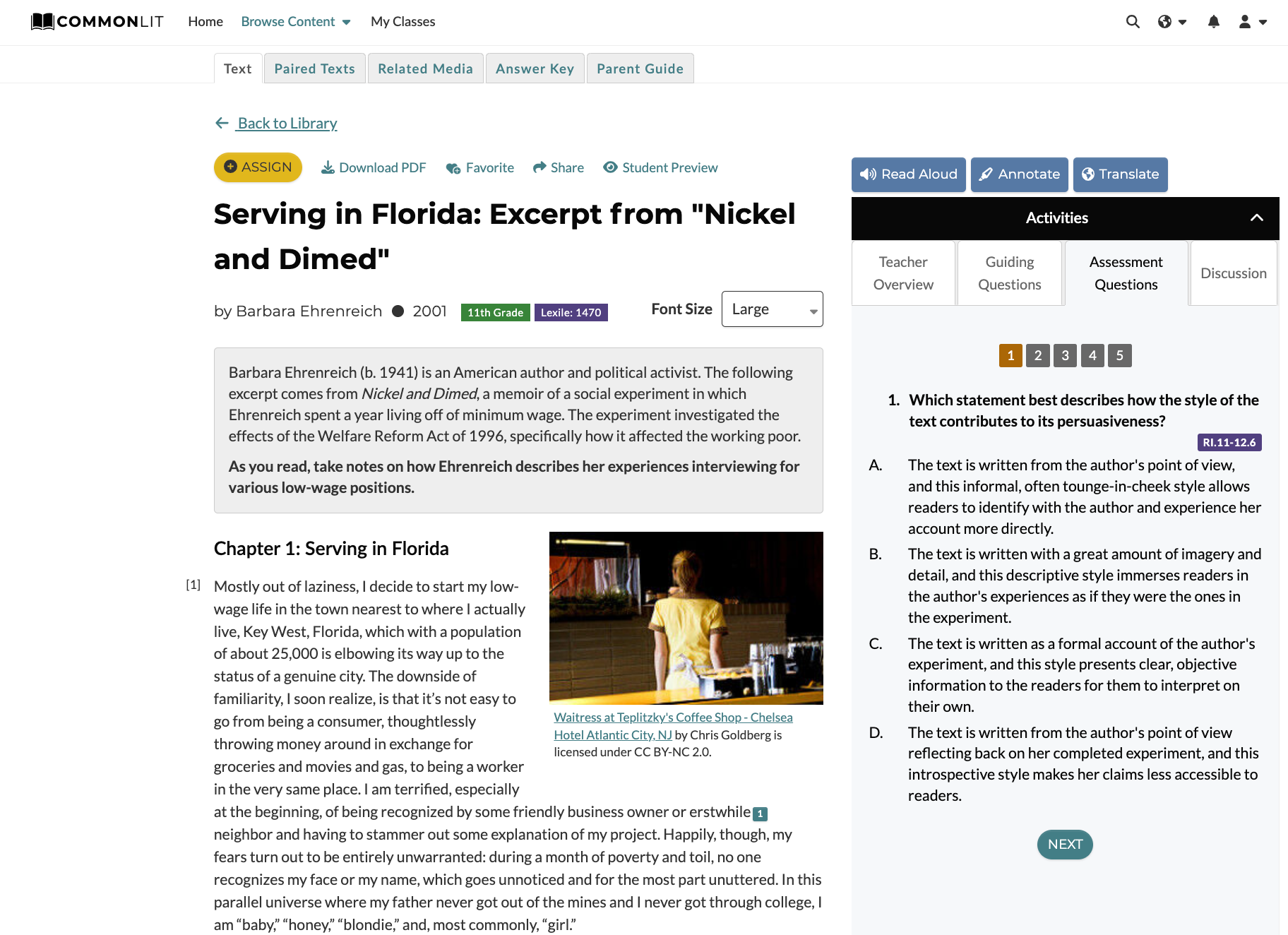 Screenshot of a memoir example for students from the CommonLit library called “Serving in Florida: Excerpt from ‘Nickel and Dimed.’” On the right side there is an assessment question, which is designed to improve high schoolers' reading comprehension.