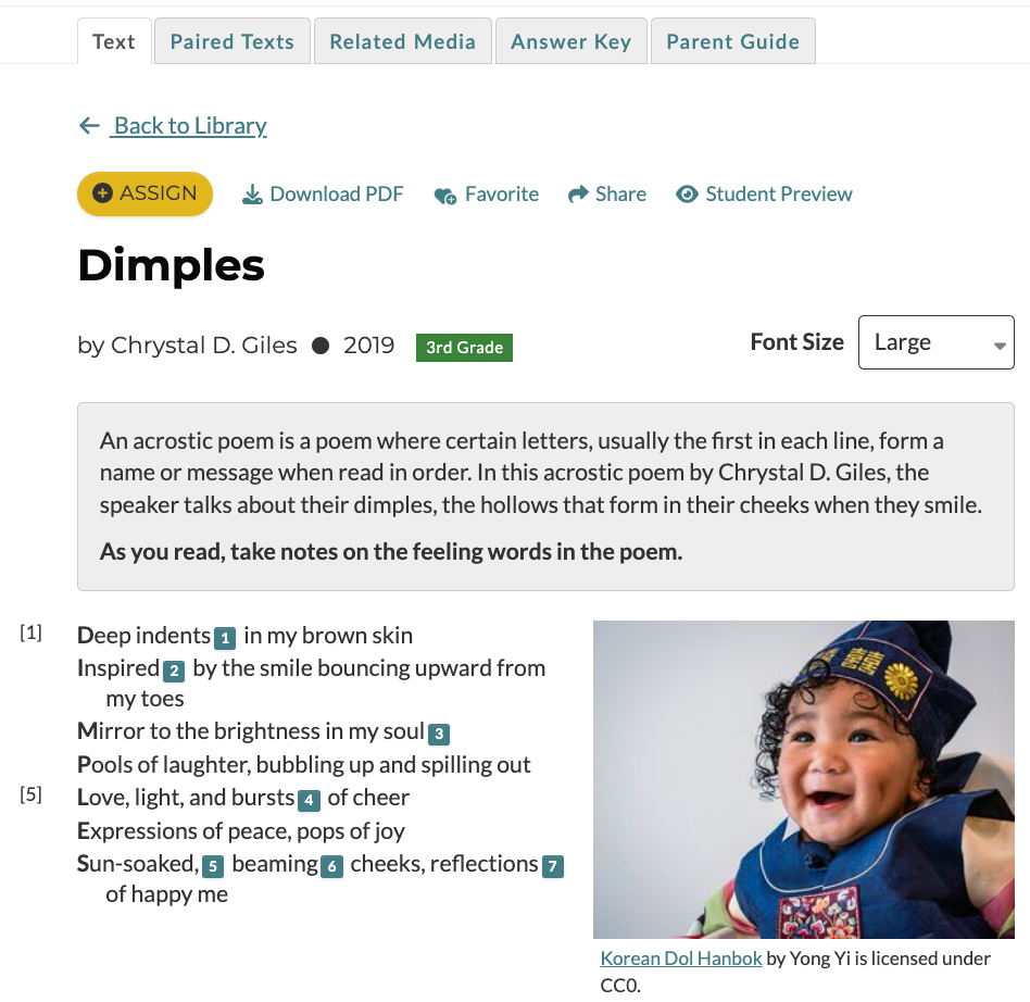 Screenshot of the poem "Dimples" on CommonLit