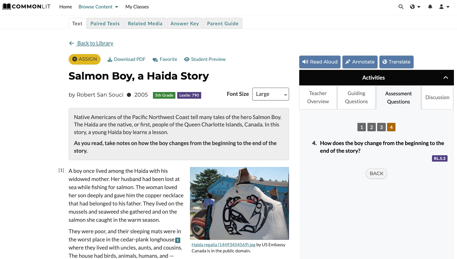 CommonLit Reading Lesson "Salmon Boy, A Haida Story" by Robert San Souci. This is a Native American story.