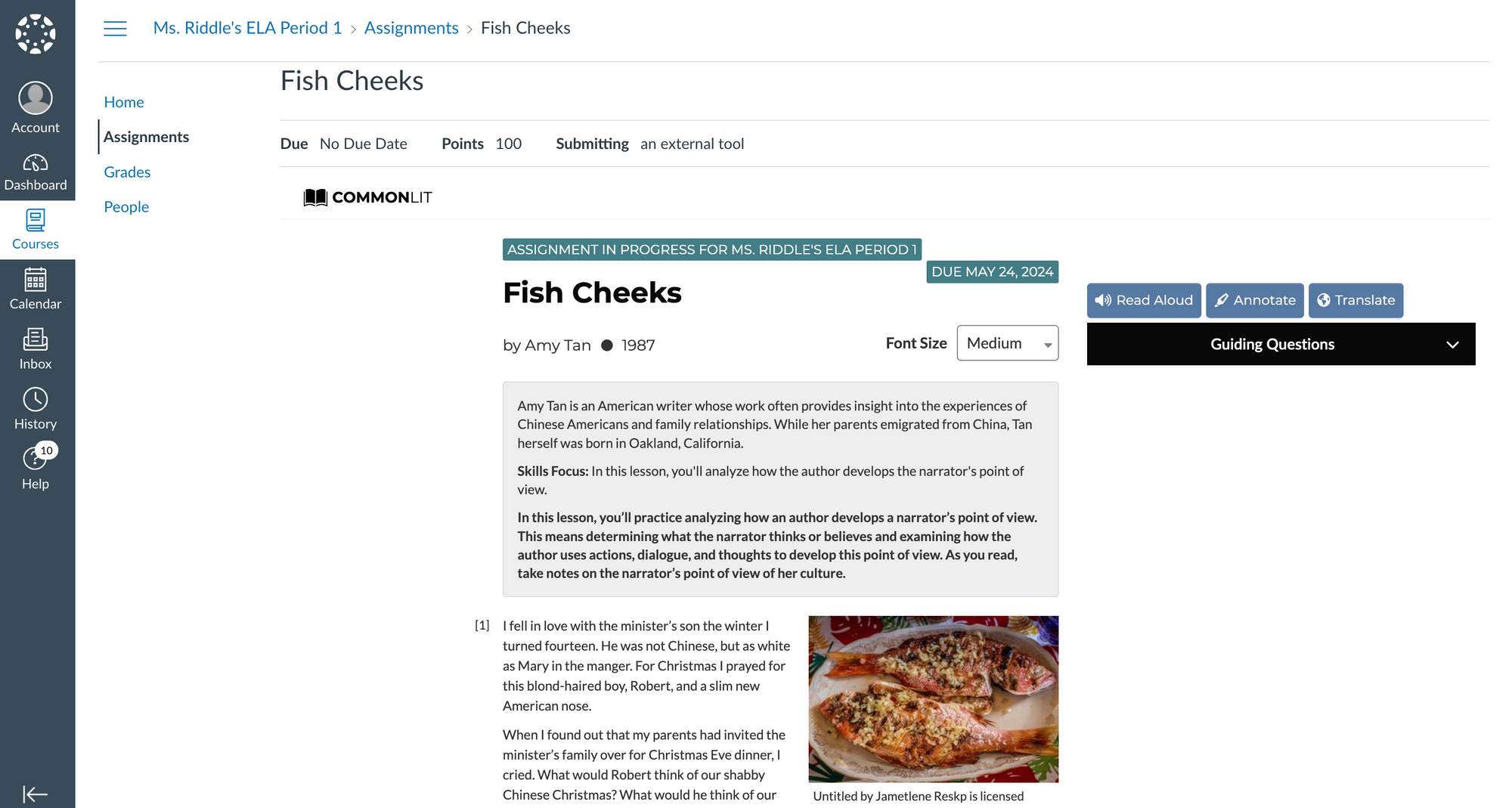 The CommonLit lesson "Fish Cheeks" assigned in Canvas.