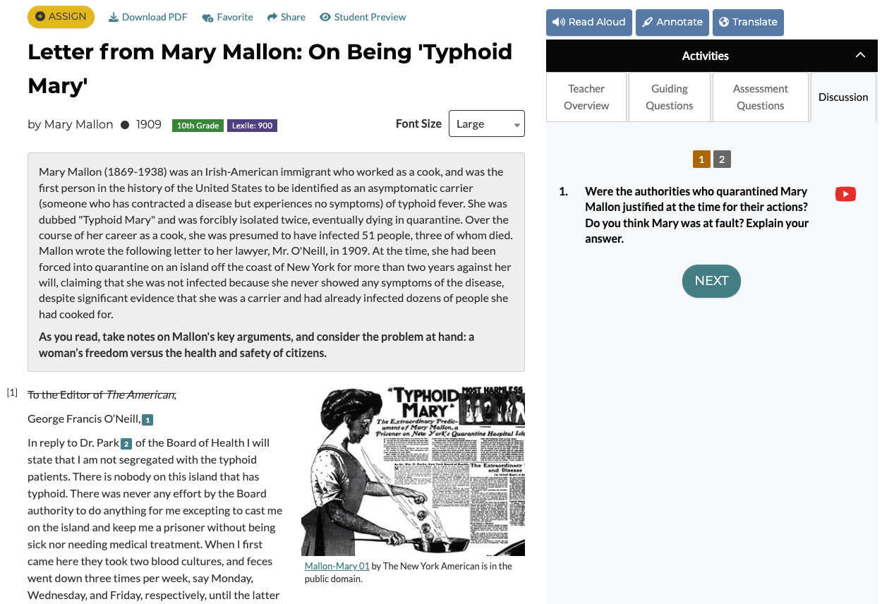Screen shot of "Letter from Mary Mallon: On Being 'Typhoid Mary'" from the CommonLit library. It is a historical letter for 10th graders to read.
