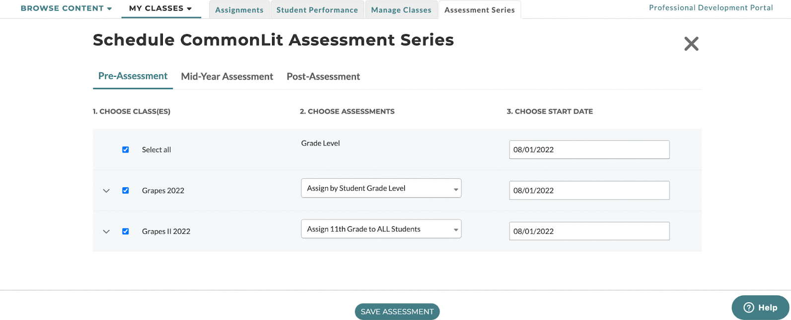 Screenshot of the CommonLit Assessment Series schedule