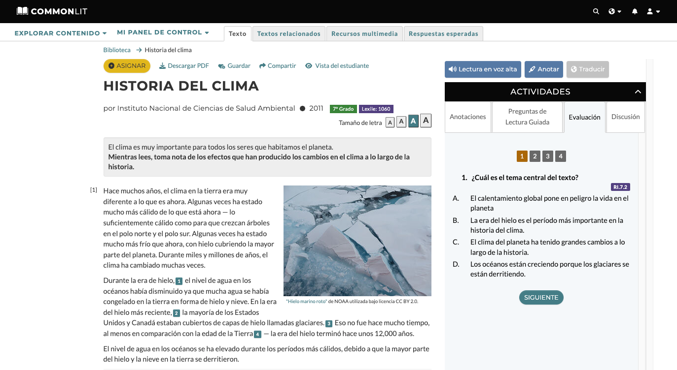 A screenshot of our CommonLit Español lesson, "Historia del Clima."