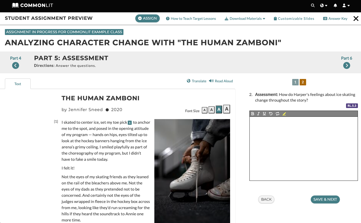A screenshot of the Assessment section of the Target Lesson, "The Human Zamboni." Students are asked how Harper's feelings about ice skating change throughout the story, giving them an opportunity to demonstrate their understanding of the target skill. The photo includes the story on the left hand-side and the assessment questions on the right.