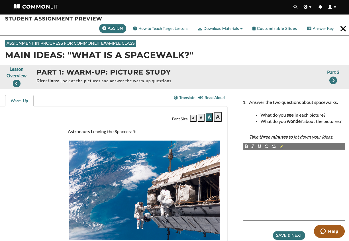 This is a screenshot of the warm-up for the Target Lesson "Main Ideas: 'What is a Spacewalk?'" There is a photo of astronauts leaving a spacecraft on the left, and then questions on the right. Students are prompted to take notes about what they see in the pictures and what they wonder about the pictures.
