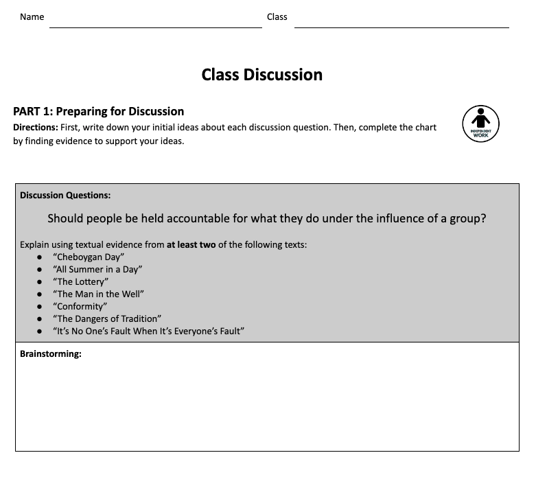 A screenshot of the class discussion lesson for 9th Grade Unit 1. 