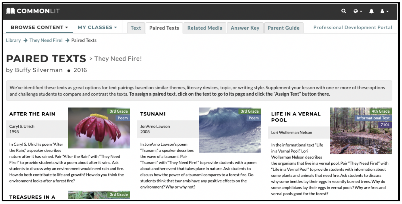 A screenshot of the paired text options for "They Need Fire," including a poems called "After the Rain" and "Tsunami" and an informational text called "Life in a Vernal Pool."
