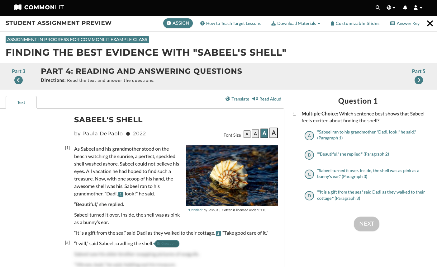 This is a screenshot from the Target Lesson "Finding the Best Evidence with 'Sabeel's Shell.'" The story is on the left and the assessment questions are on the right.