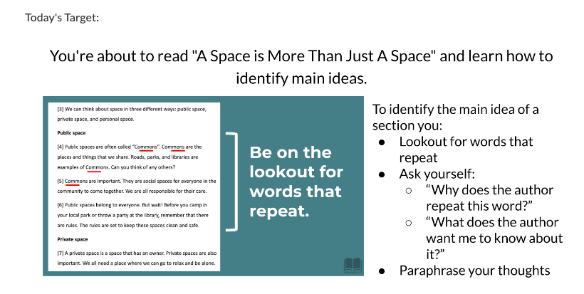 This is a screenshot of a main idea lesson plan for 3rd grade Students. Students are told to look out for words that repeat and use those to help find the main idea.