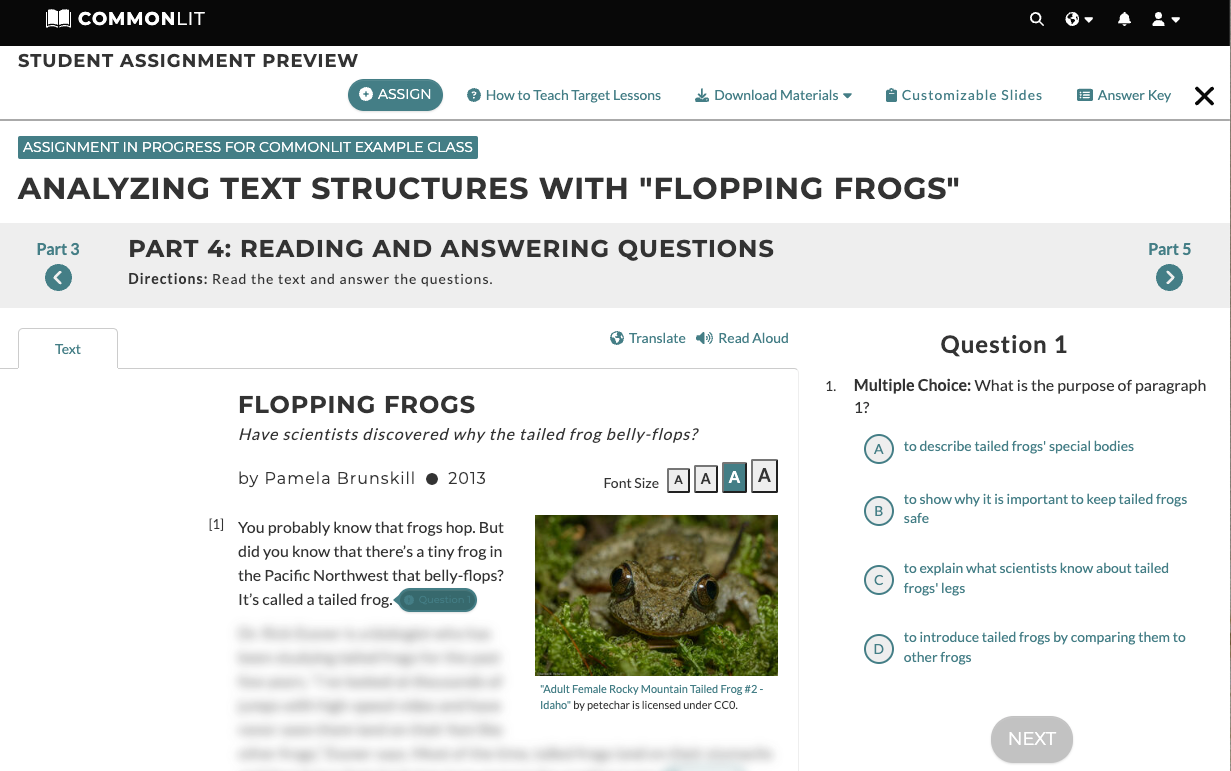 The text "Flopping Frogs" is on the left and the scaffolded reading questions are on the right.