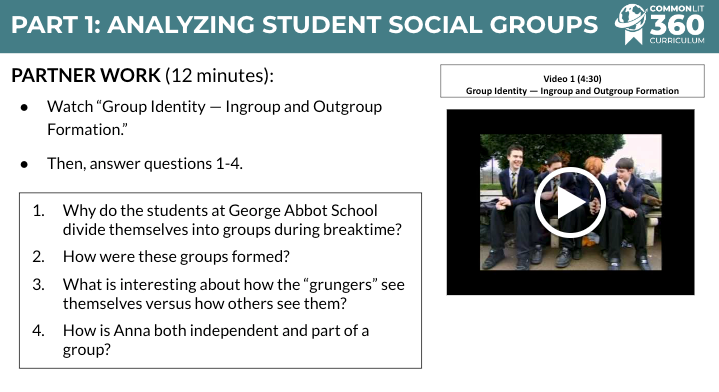 A screenshot from the slide show for the Related Media Exploration lesson, which instructs students to watch a video and then answer questions about the video.