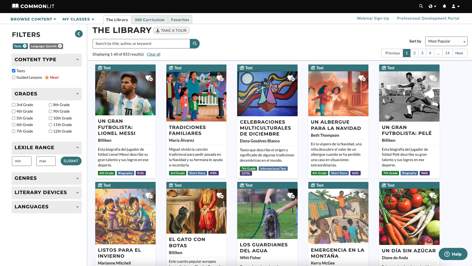 A screenshot of the Spanish library on CommonLit.