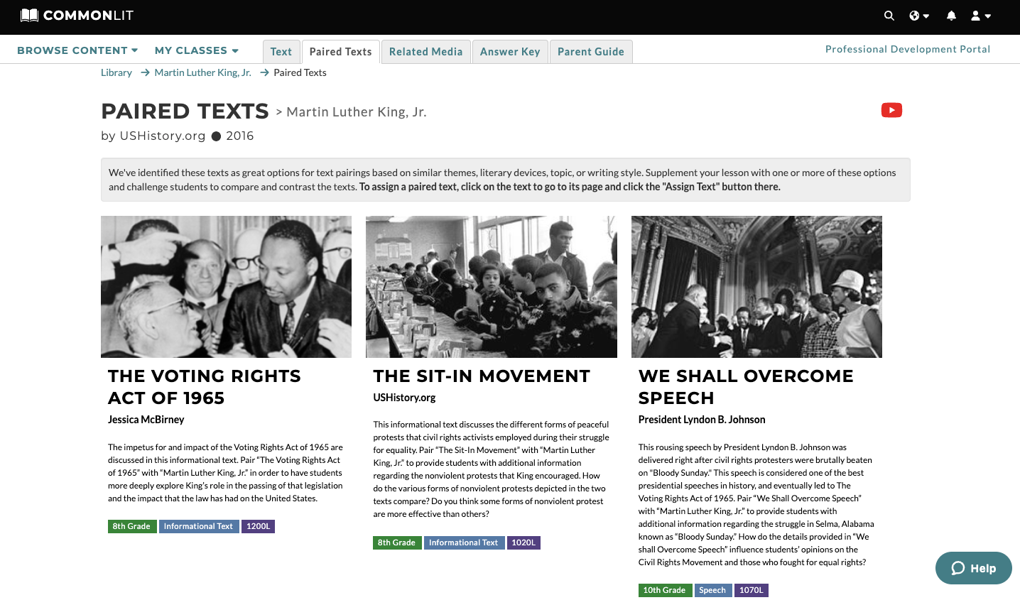 A screenshot of the Pair Texts tab for "Martin Luther King, Jr."