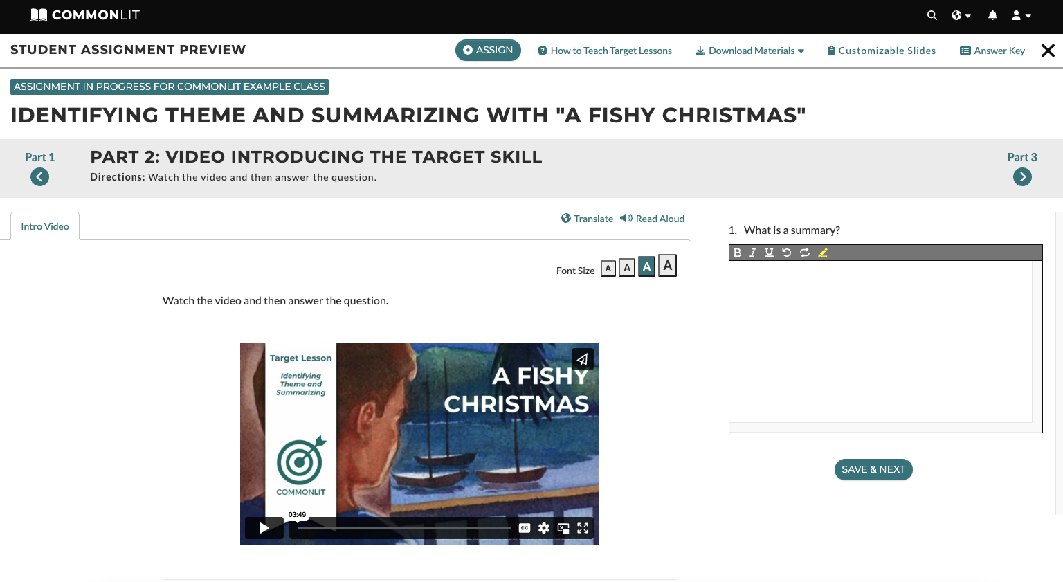 A screenshot of the Target Lesson "Identifying Theme and Summarizing with 'A Fishy Christmas.'"