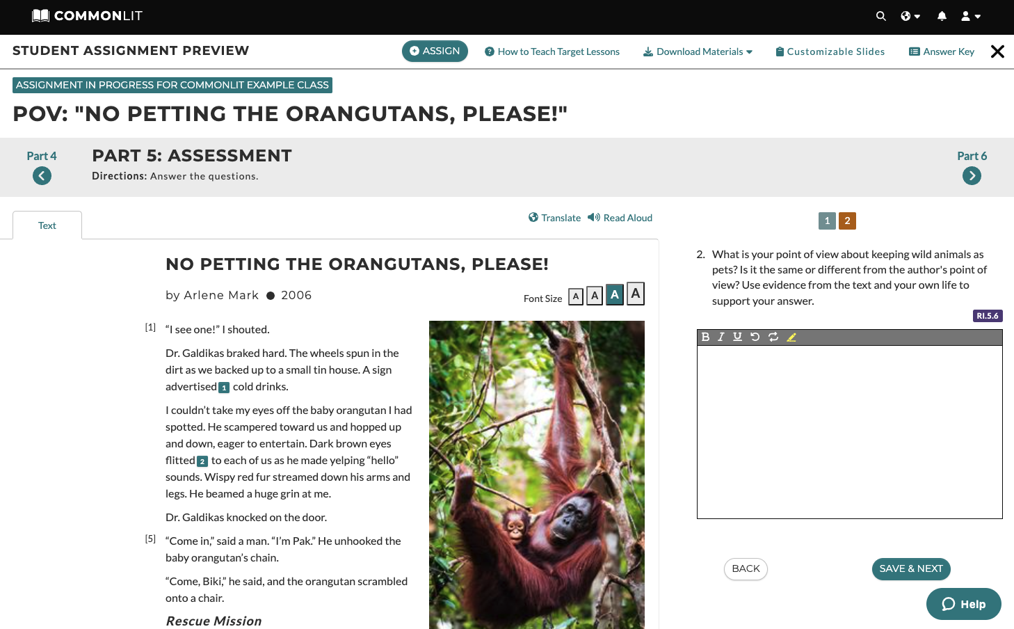 The text "No Petting the Orangutans, Please!" is on the left, and the final assessment question is on the right.