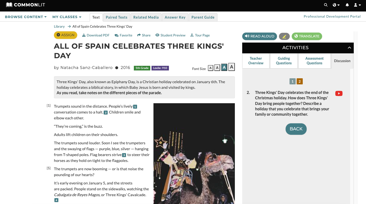 A screenshot of the lesson "All of Spain Celebrates Three Kings' Day."