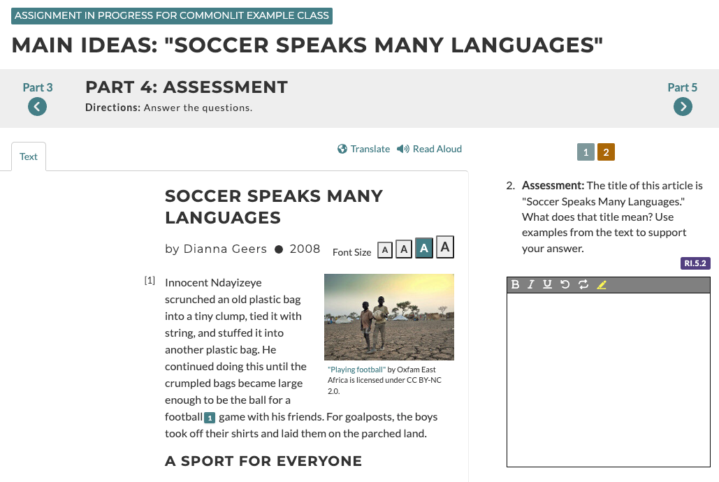 This is a screenshot of a main idea, 5th grade lesson. The text "Soccer Speaks Many Languages" is on the left, and the assessment questions are on the right.