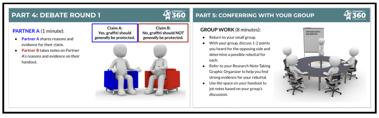 Slides from a debate lesson titled "Part 4: Debate Round 1" and "Part 5: Conferring with your group."