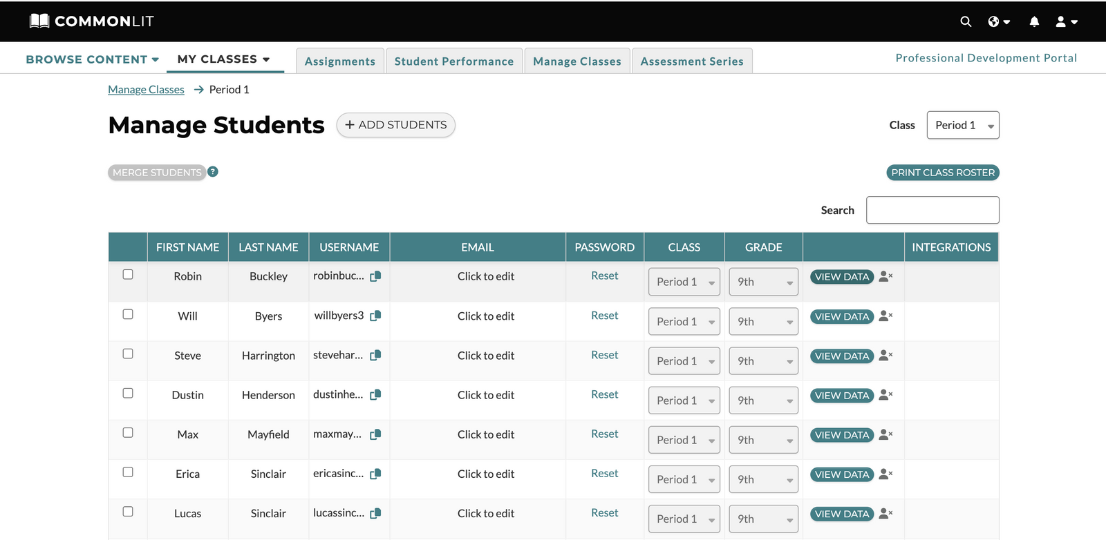 Screenshot of the "Manage Students" tab with every student in the class shown. 