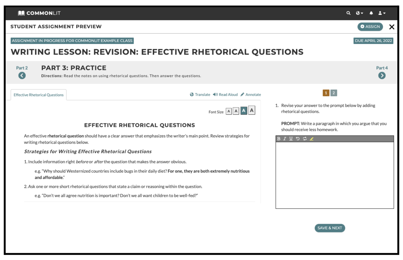 The practice section of a lesson on revising effective rhetorical questions. 
