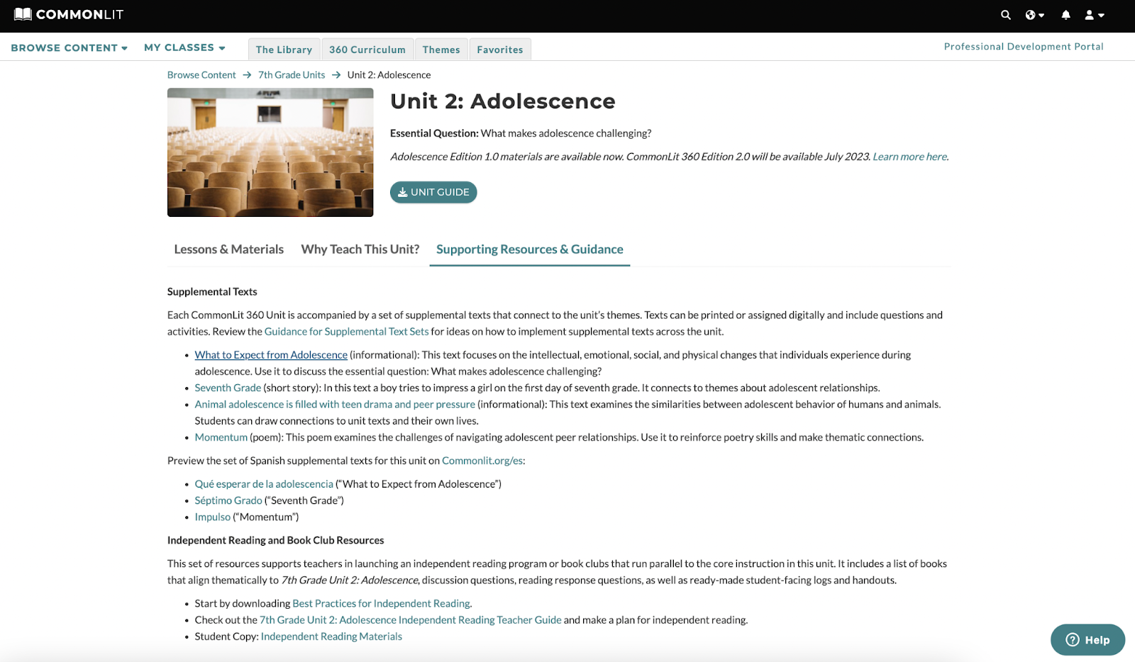 A screenshot of the Supporting Resources & Guidance page for Unit 2: Adolescence.