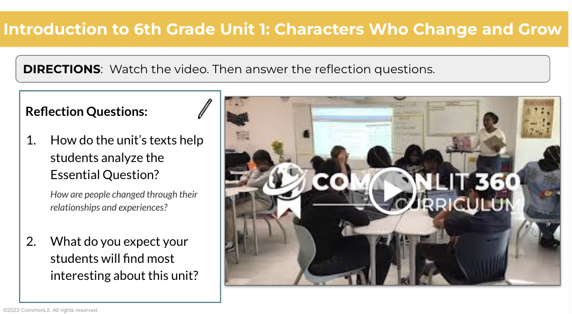 A screenshot of the professional development presentation for 6th Grade Unit 1. There is a short video on the right and discussion questions on the left.