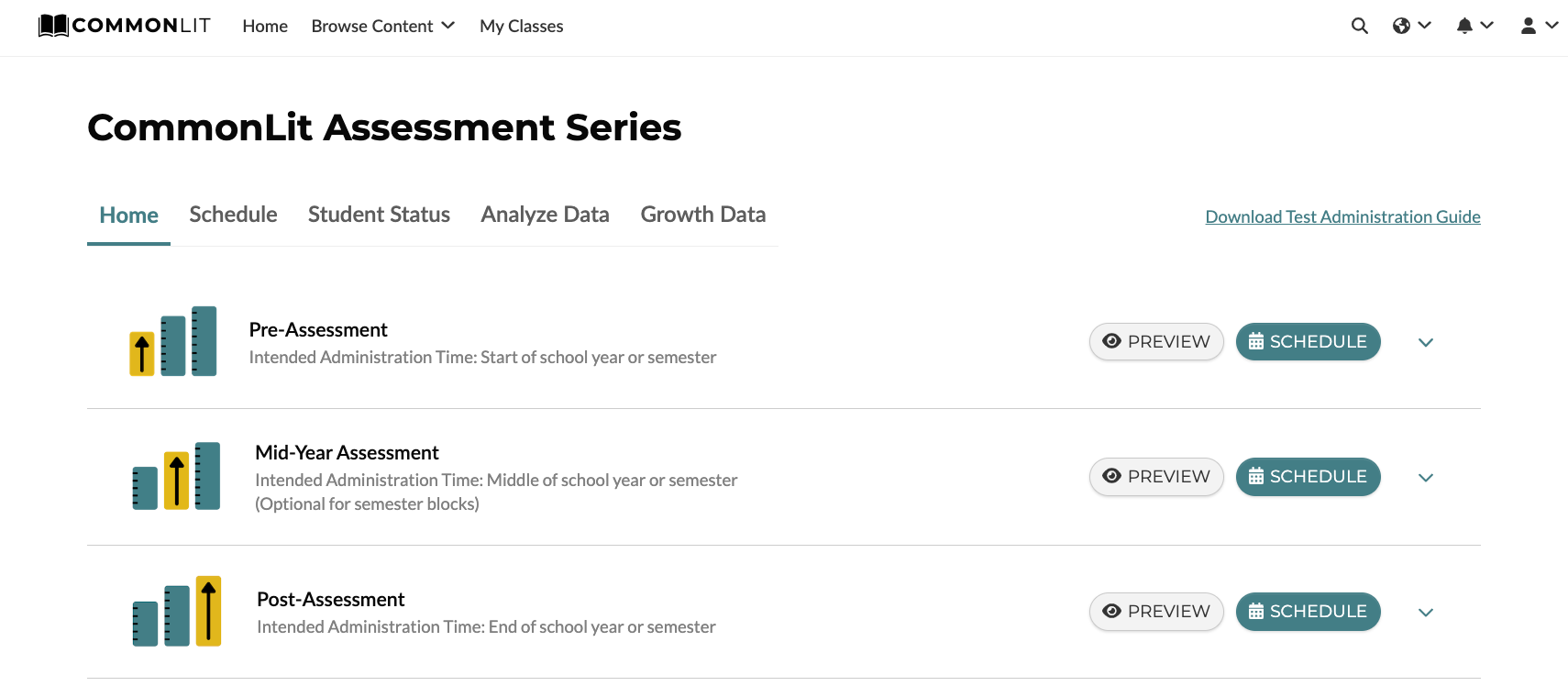 A screen shot of the Assessment Series data dashboard, demonstrating how to view student performance data.
